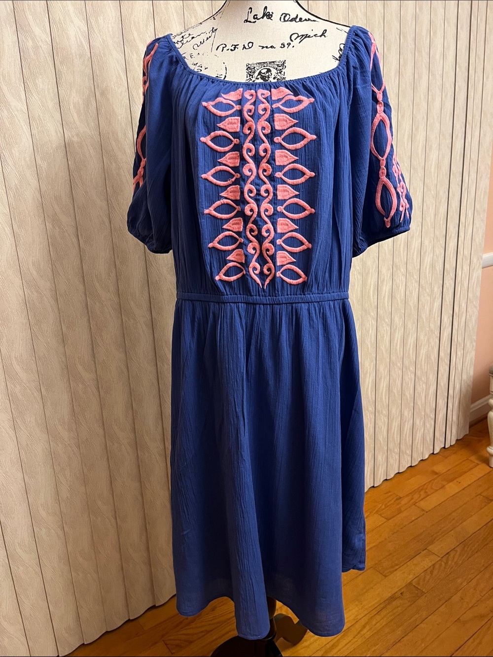 Talbots Blue Embroidered Off-Shoulder Women’s Dress with Pink Accents